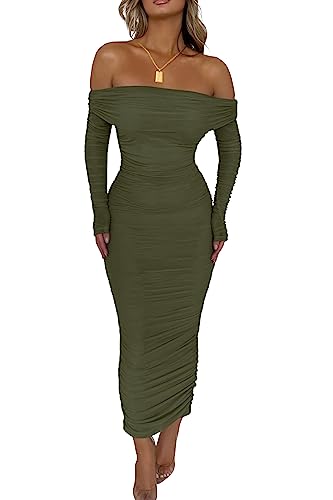 PRETTYGARDEN Women's Fall Off The Shoulder Maxi Dress Spring Long Sleeve Ruched Fitted Bodycon Club Dresses with Slit