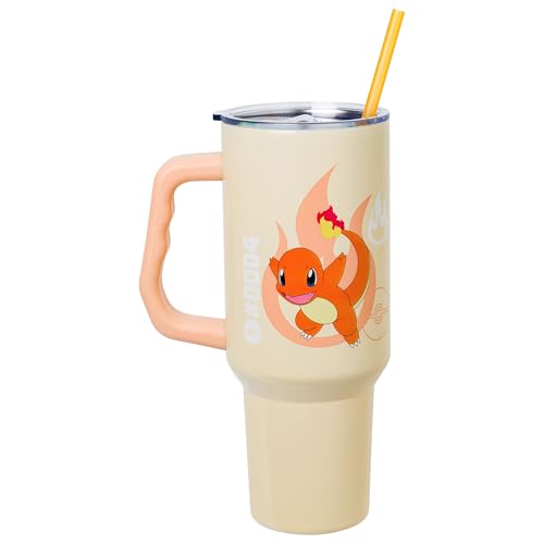 Image of Silver Buffalo Pokemon Featuring Charmander Stainless Steel Tumbler with Handle, Fits in Standard Cup Holder, 40 Ounces