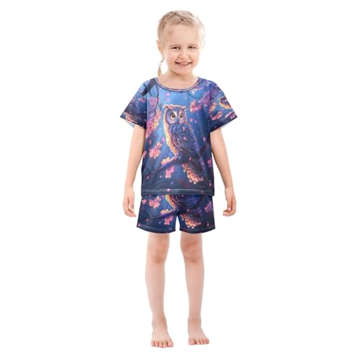 ALAZA Owl Bird Cherry Blossom Pajamas Set Short Sleeve Cotton Sleepwear Summer Pjs 2 Piece 5-14Y3