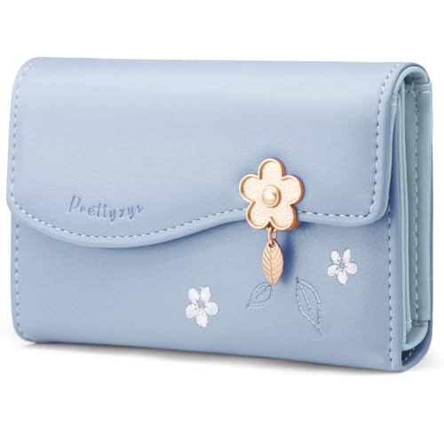 Portafoglio Donna Piccolo pelle PU Carina Sottile in formato corto con Cerniera Portamonete e Chiusura a Scatto Scomparti per Carte Multipli M-Blu