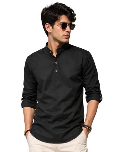 Image of Fifth U Men's Cotton Polyester Blend Solid Mandarin Collar Self Design Full Sleeve Casual Short Kurta