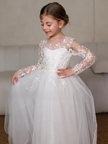 Lace Applique Flower Girl Dress for Wedding Tulle Long Sleeves Bow Knot V-Back Satin Crew Neck Party Ball Gowns3