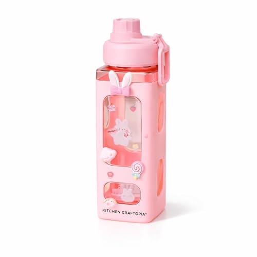Image of Kawaii Water Bottle for Girls with Straw & Movable Handle | Cute Plastic Bottle with 2D & 3D Stickers | Stylish School & Travel Bottle for Kids (750 ml)