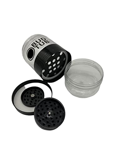 Herb Storage Jar with Shake Separator and Magnetic Herb Grinder INSIDE the Lid. This Airtight, Smell Proof, Plastic Storage Container has Two Seals to Keep the Goods Fresh and Scent Contained (Mini)