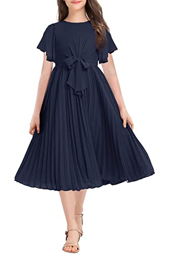 Hosika Flower Girls Dress Chiffon A-Line Pleated Ruffle Bow Dresses For Wedding Formal Pageant Party Navy Blue 12-13Y #TOP3