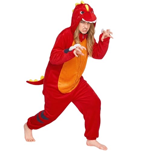 OLAOLA Red Dinosaur Adult Onesie, Flannel Unisex Animal Pajamas, Plush