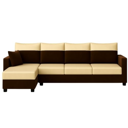 Image of FURNY Arissa 6 Seater Fabric LHS L Shape Sofa Set (Cream-Dark Brown) Premium Velvet Finish | Durable Comfort | Ideal for Living Room
