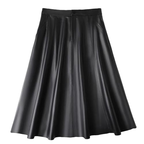 Women Leather Skirt Female A-Line Big Hem Pleated Long Skirt Office Work Casual Umbrella Skirt
