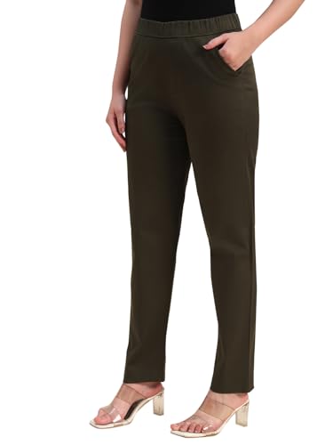 Vogaan Women's Cotton Slim Fit Pant with Half-Elasticated Waist | Regular Pull-On Straight Leg Trousers for Women (Olive-L)