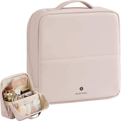 tianzong Travel Makeup Bag with Magnetic Fold-Down Flap Waterproof Leather Cosmetic and Toiletry Organizer for Women Multi-Zone Standing Storage Dusty Rose Large