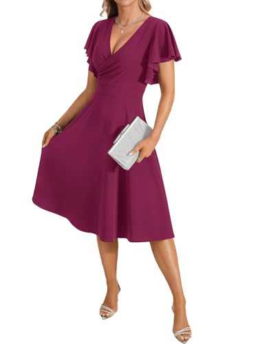 Image of LYANER Women's Warp V Neck Ruffle Short Sleeve A Line Swing Flared Cocktail Party Midi Dress
