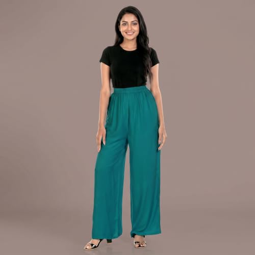 Image of FASHION GALLERY Women's Solid Rayon Palazzo Pants | Relaxed Fit Full Length Wide Leg Palazzo | Elastic Waist Comfortable Casual Lounge Office Ethnic Flared Trousers for Women