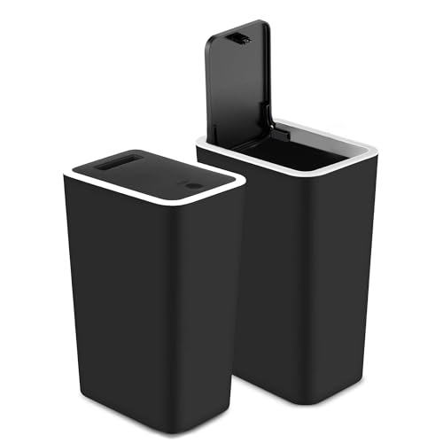 mzxoo 2 Pack Slim Space-Saving Trash Can with Press Top Lid, 15L 4 Gallon Durable Plastic Garbage Bin for Kitchen, Bathroom, RV, Office, Small Container Wastebasket for Narrow Spaces (2 Pcs Black)