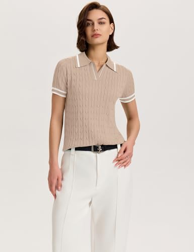Image of Micoson Womens Short Sleeve Sweater Tops Lapel V Neck Polo Shirts 2026 Summer Cable Knit Loose Blouse Business Casual Outfits