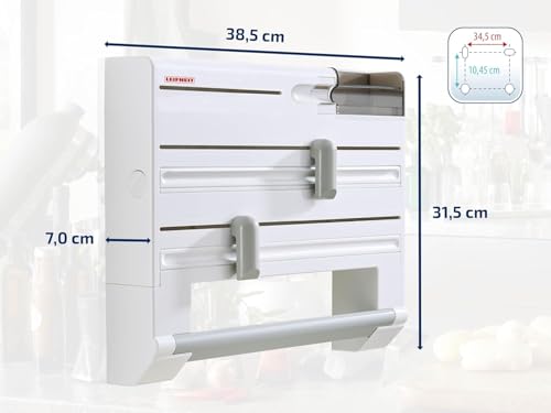 Leifheit Parat Plus Kitchen Roll Holder, Wall Mounted Roll Holder for Film, Foil and Paper, with Cutters for Foil, Foil Cutter Dispenser, White, 39 x 32 x 10 cm, Takes Rolls to 30.5 cm