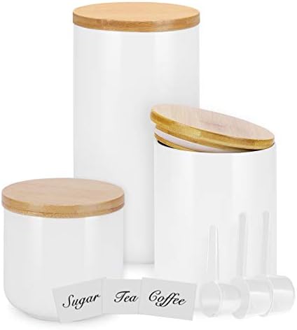 Yangbaga Kitchen Canisters with Bamboo Lids, Airtight Ceramic Canister Set, Coffee, Sugar, Tea, Flour Storage Containers, Farmhouse Kitchen Decor(White, Set of 3)