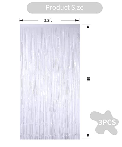 Image of 3Pcs White Metallic Tinsel Foil Fringe Curtains, 3.28ft x 6.56ft White Photo Booth Backdrop Streamer Curtain,Photo Booth Props, Bachelorette Party Supplies, Birthday, Christmas,New Year Decorations