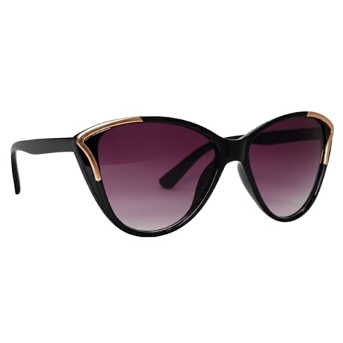 Image of Women's Cat Eye Sunglasses, Black Frame with Gold Accents, Gradient Purple Lens, UV Protection, 135mm Total Width