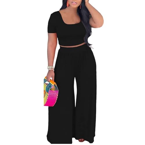 HBQ Two Piece Outfits For Women Casual Sweat Suits Backless Short Sleeve Crop Tops Wide Leg Pants Lounge Sets Tracksuit-Black-M