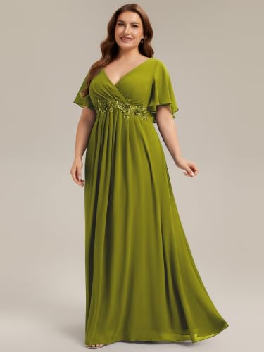 Image of Ever-Pretty Plus Women's Chiffon Plus Size Formal Mother of Bride Dresses | V-Neck, Short Sleeve, Applique, A-Line, Empire Waist, Plus Size Formal Wedding Guest Evening Dresses