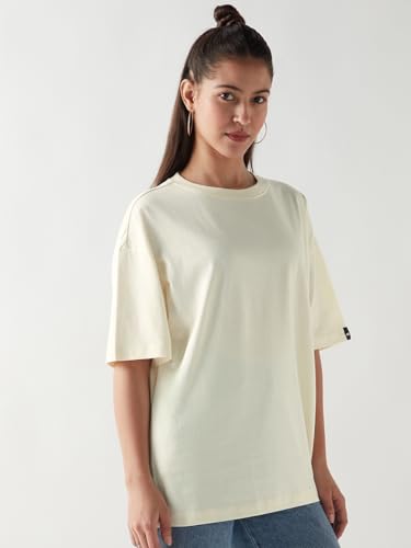 Image of Bewakoof Women's Solid Oversized Fit Half Sleeve Round Neck Cotton Jersey T-Shirt