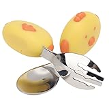 Baby-Gabel-Löffel-Set mit,Ergänzende Fütterung Ergänzende Fütterungswerkzeuge Kurzem Griff,Tragbare Edelstahl-Kleinkind-Gabeln und -Löffel für Kindergärten (Gelb)