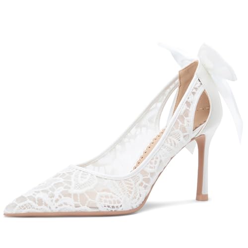 Women's Lace Bow Closed Pointy Toe Stiletto Pumps Slip On Breathable Sexy High Heels Dress Shoes for Wedding Bridal Party Prom