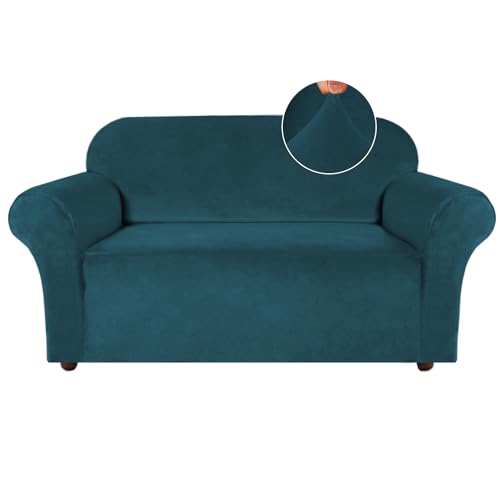Turquoize Velvet Loveseat Covers Stretch Love Seat Couch Covers for 2 Cushion Couch Velvet Sofa Cover with Non Slip Elastic Bottom Furniture Cover Crafted from Soft Fabric (Loveseat, Deep Teal)
