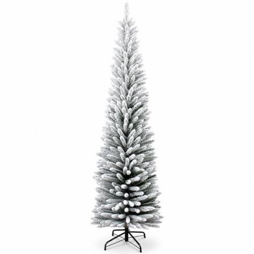 Image of 7Ft/2.1m Slim Christmas Tree Artificial Snow Flocked Frosted Pencil Tree 625 Pointed Tips, Metal Stand, Holiday Home Decorations