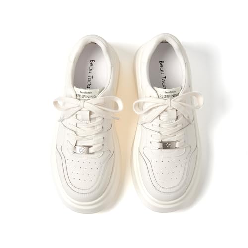 Image of BEAU TODAY Platform White Sneakers for Women,Leather Casual Tennis Shoes
