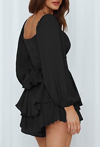 Womens Ruffle Long Sleeve Short Rompers Sexy Layered Tie Waist Chiffon One Piece Outfits Solid Jumpsuit Black S #TOP3