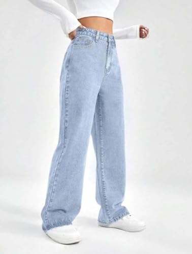Image of KOTTY Women's High Rise Wide Leg Jeans|Cotton Blend Straight Fit Denim|Trendy Comfortable Casual Wear