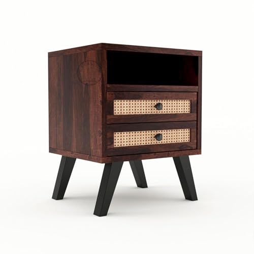 Image of Wooden Bedside Table with 2 Cane Rattan Drawers & Open Shelf | Modern Nightstand for Bedroom (Walnut Finish)