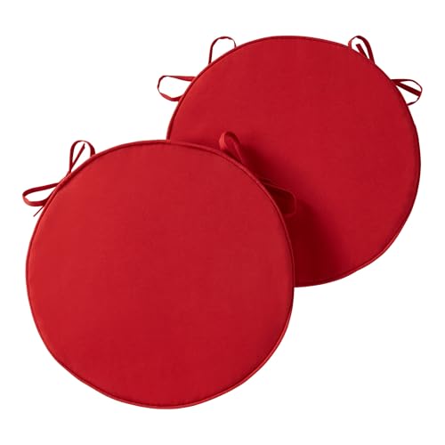 Greendale Home Fashions Set of 2 Outdoor 18 inch Round Patio Dining Chair Pads – Comfortable Fiber-Filled Seat Cushions with Ties, Reversible Polyester Fabric, Salsa Red