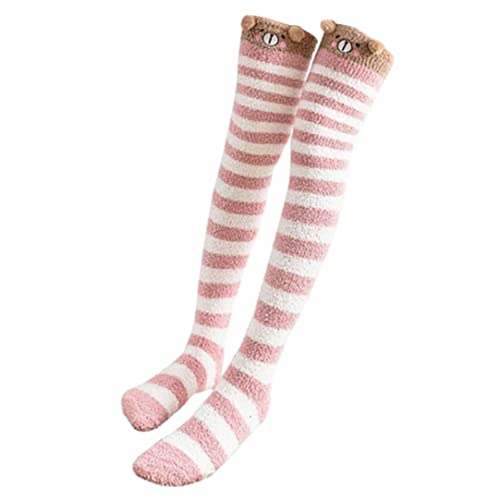 Thigh High Fuzzy Socks Over Knee Cute Cartoon Stripes Soft Coral Fleece Stocking 1Pair Style3 thigh high stockings for girls3