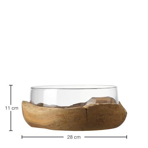 Leonardo Terra Deko Schale aus Glas mit Teaksockel, handgefertigte, runde Glasschale mit Fuß aus Teak-Holz, ‎Unikat, Höhe: 11 cm, 084411