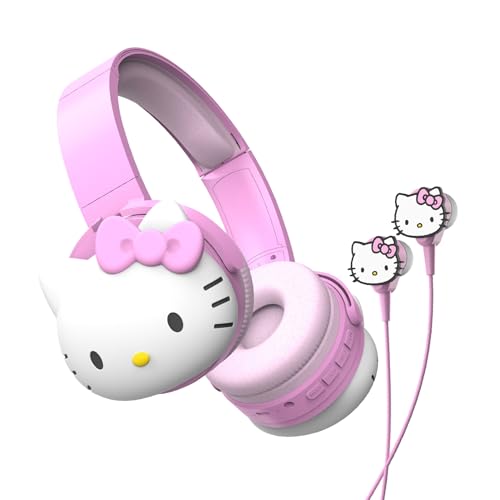 Hello Kitty 2-in-1 Wireless Bluetooth Headphones with Wired Earbuds Foldable Over-Ear Headset with Built-in Mic AUX Cable Adjustable Headband and Onboard Controls Pink
