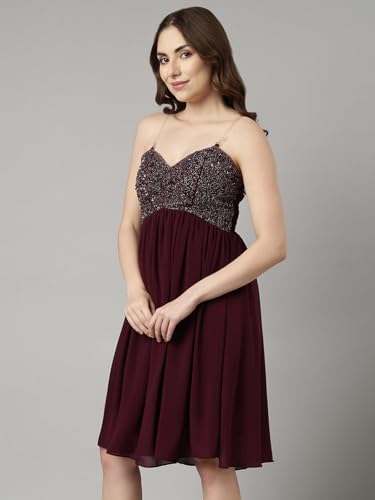 Image of SHOWOFFFF Women Embellished Fit and Flare Party Dress | Square Neck Sleeveless Georgette Dress for Womens | Knee Length Dress for Women's