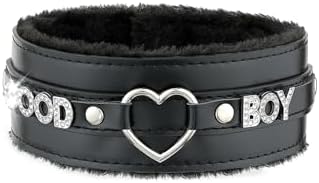 Pink Furry Heart O-ring Leather Choker Collar For Women, Handmade Punk Gothic Letter Necklace Adjustable Fashion Jewerly