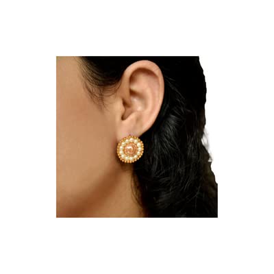 Abhika CreationsVintbloom Earrings Golden Pearl Small Studs Lightweight Indian Designer Unique Earrings College Party Wear Jewelry Girl Ethnic Style Earrings For Women Rose Gold Earrings