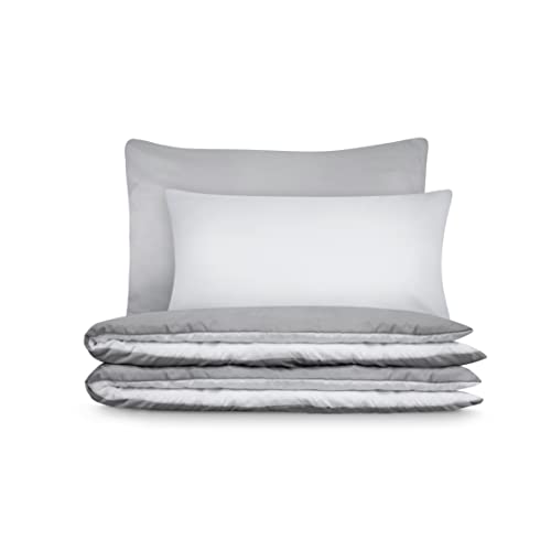 Parure de lit 155x220 cm | 1X Taie d'oreiller 80x80 + 1X Taie d'oreiller 40x80 | 100% Microfaser | Housse de couette de haute qualité avec fermeture éclair| Parure de lit-Set 155 x 220 | Gris et Blanc Cover