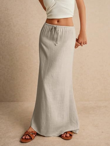 EARKOHA 2025 Women's Summer Maxi Skirt Drawstring Low Waist A Line Linen Long Flowy Skirts Khaki1 L2
