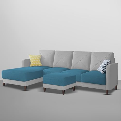 Image of Baloney LHS 6 Seater L Shape Sofa Set with Center Table for Living Room (Turquise Grey Fabric) Premium Fabric Sofa