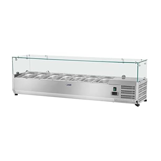 Royal Catering Vetrina Refrigerata RCKV-160/33-8 (160 x 33 cm, 45 L, 8 x contenitori GN 1/4, 2-10 °C, 120 W, R600a, Termostato, Copertura in vetro, Funzione automatica di sbrinamento)