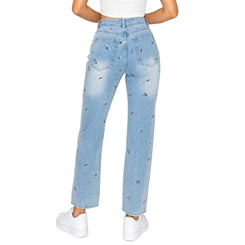 KHAKI & BLUE Women's Denim Pants – High Waisted All-Over Embroidery Straight Leg Casual Comfy Jeans3