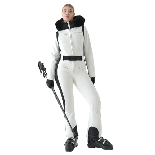 MOUS ONE Womens Ski Suit One Piece Snowsuit Slim Insulated Jumpsuit Warm Waterproof Outdoor Sports OuterwearWhiteXL