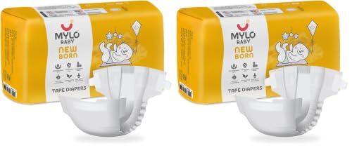 Image of Mylo Baby Tape Diaper Newborn (NB) Size Upto 5 kg Babies (26 Count) Leak Proof | Lightweight | Rash Free | Upto 12 Hours Protection | ADL Technology | with Zinc Oxide Layer (Pack of 2)