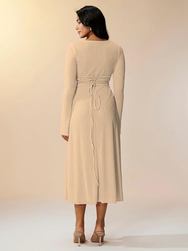 Image of Shasmi Women's Square Neck A-Line Dress - Long Sleeve, Tie Waist, Knitted Stretchable, Casual & Office Outfit, Solid Winter Midi Dress for Women (Dress 221)