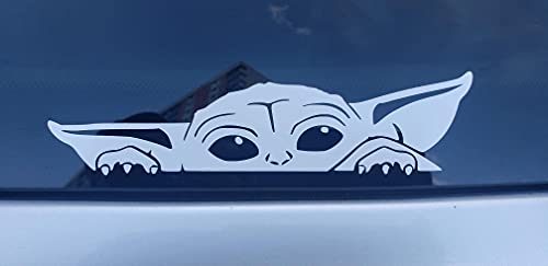 Baby On Board Peeking Baby Yoda, Vinyl White Sticker Decal for Cars|Trucks|Vans|SUVs|Walls|Windows|Glass|Laptops|Notebooks|MacBook|2â€H x 7â€W|AIST-04