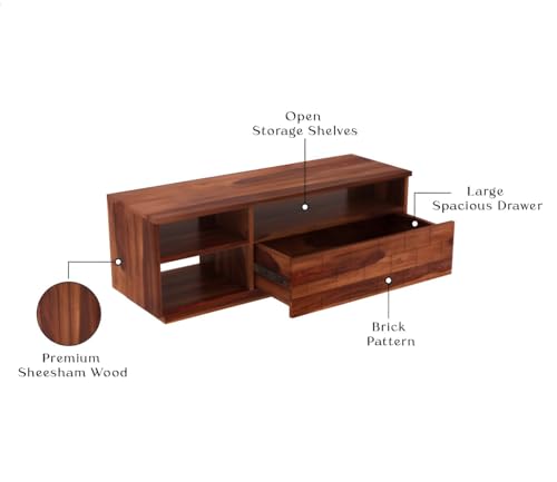 Image of Solid Wood TV Unit for Living Room 55 Inch Furniture - Wooden TV Unit with Storage Cabinet with 1 Drawr, 3 Shelves Wooden TV Cabinet for Living Room - Fits up to 55-Inch TV (Jose)